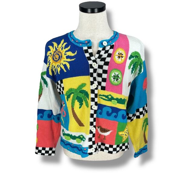 Vintage Jane's Closet Cardigan Sweater Womens Large Patchwork Tropical Animals - Picture 1 of 9